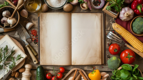 Top view of a blank cookbook with white pages surrounded by assorted vegetables, ingredients, and wooden kitchen utensils on the table, inviting creativity and culinary exploration
