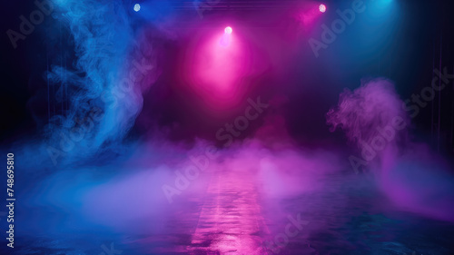 The Dark Stage Shows: Moody Ambiance with Neon Lights, Spotlights, and Smoke, Set Against a Vibrant Blue and Purple Background for Display Products