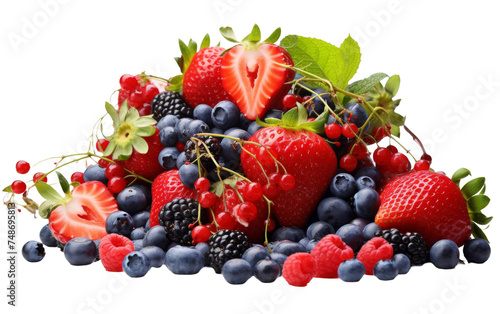 Variety of Summer Berries Composition Including Strawberries and Blueberries on white background