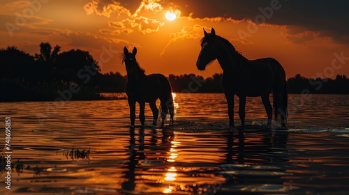 Silhouettes of two horses at sunset by the water.
