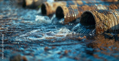 Industrial waster water coming out of a large pipe, water pollution concept photo
