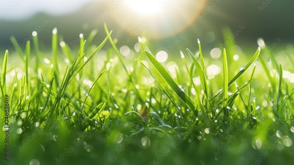The fresh green grass on a spring morning, with dew.
