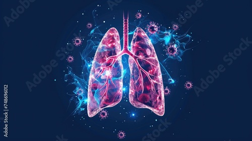 Human lungs with a viral infection illustration on a dark background.