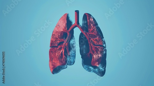 Stylized human lungs with red and blue tones on a light background.
