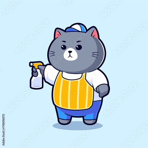 Cute Cat Holding Cleaning spray Cartoon Vector Macot Illustration. Flat Cartoon Style Animal Occupation Icon Concept Vector.