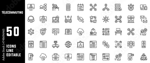 50 Telecommuting Icon Set Line Editable Vector Illustration