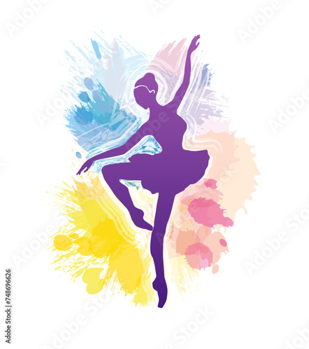 Ballet workout advertising concept. Vector silhouette of ballerina with passe and allonge position. Watercolor style background. Sports or dance club advertisiment template. Ballet dancer illustration