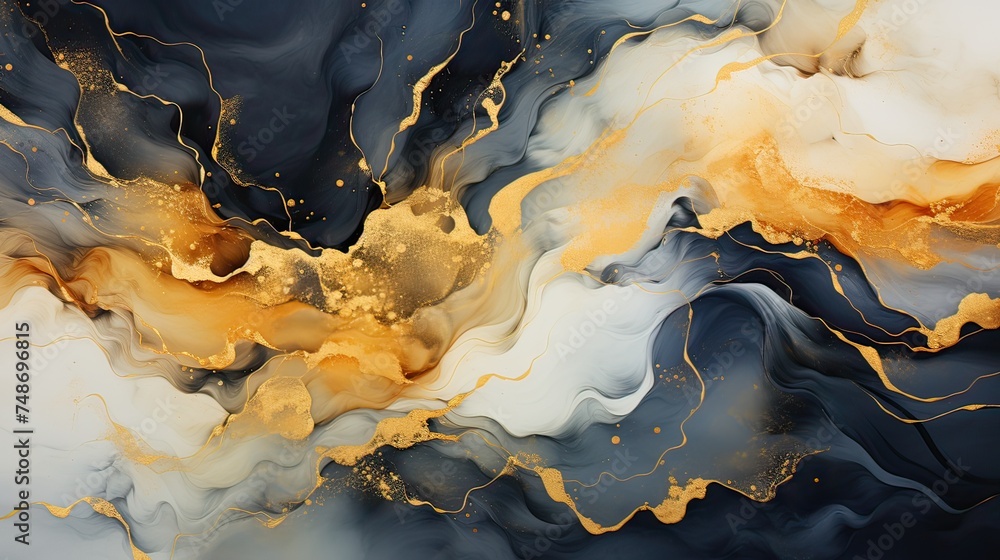 Fototapeta premium A modern, colorful background with curved waves in black, white, and golden colors.
