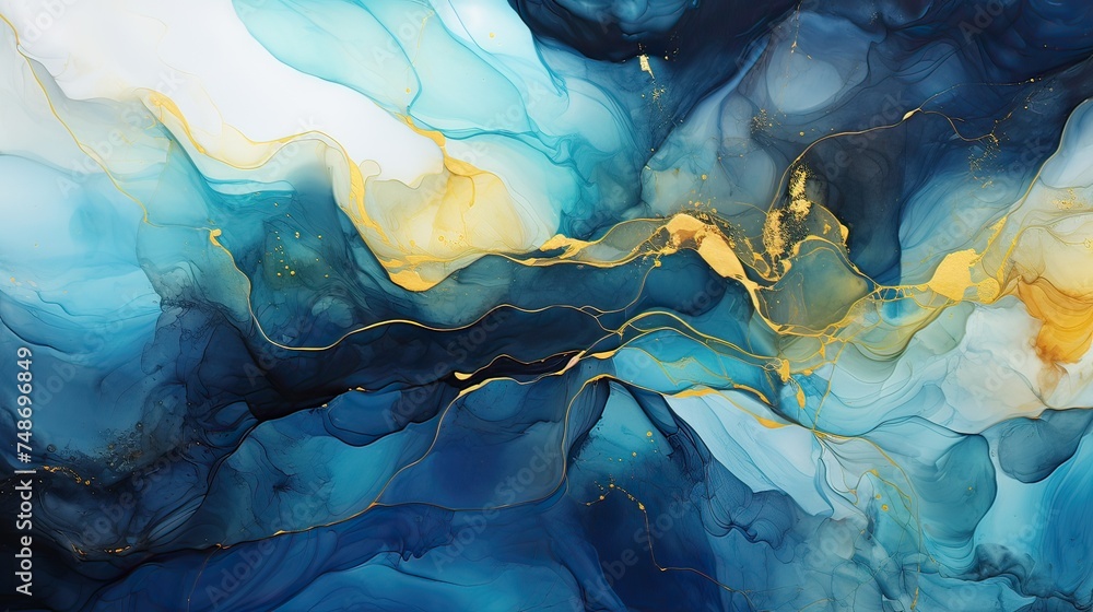 Modern, colorful background with curved waves featuring blue and golden hues.