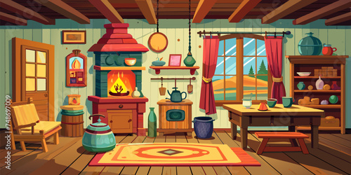 Rustic Charm: Vintage Russian Kitchen Vector Illustration