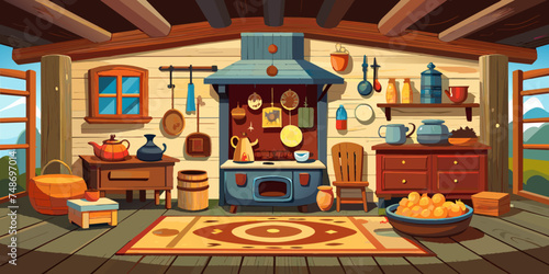 Rustic Charm: Vintage Russian Kitchen Vector Illustration
