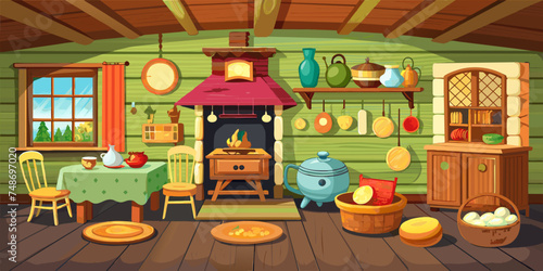 Rustic Charm: Vintage Russian Kitchen Vector Illustration