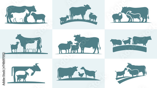 Collection set illustrations of farm animals with grass silhouettes vector logo photo