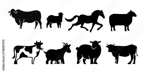Vector set collection of black silhouette farm animals illustrations