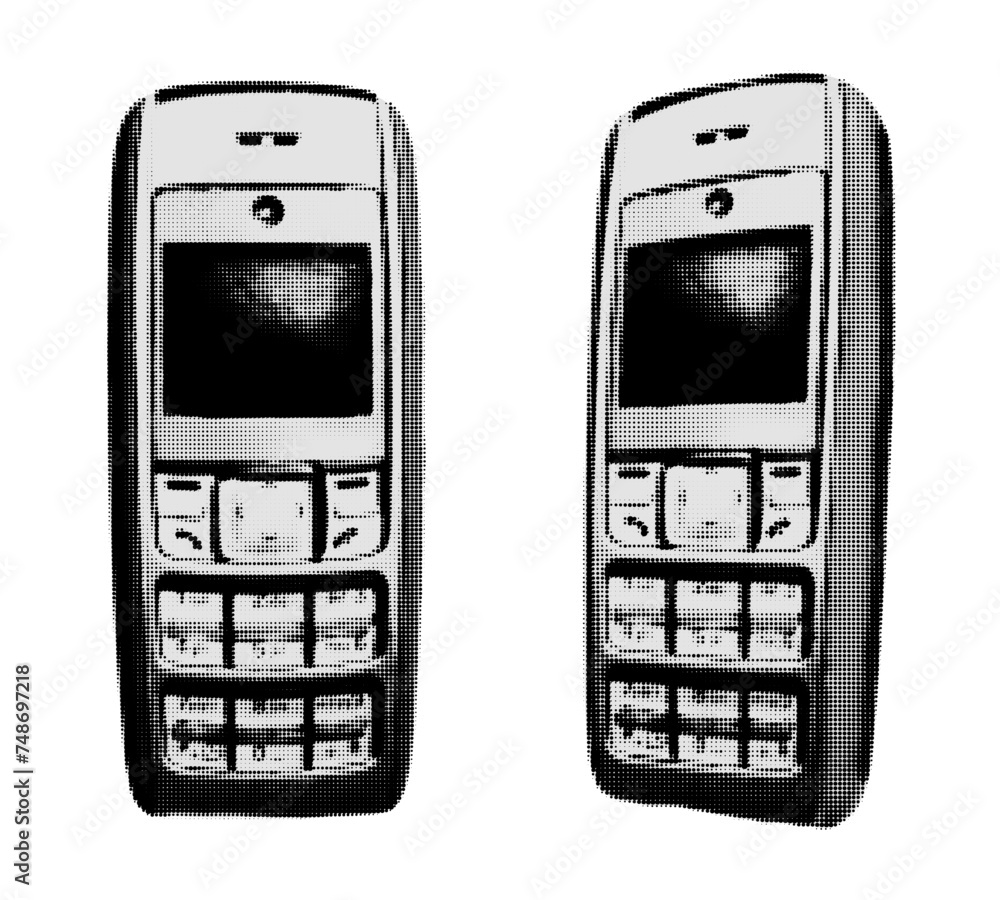 Button dumb mobile phone set vector illustration isolated on transparent background. Feature phone trendy y2k element for collage, 90s and 00s nostalgia concept