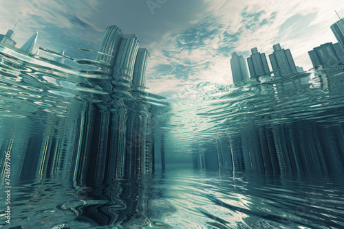 An image of an underwater city withwaves. photo