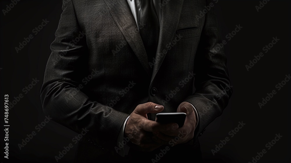 businessman in formal attire holding phone icon on black background, corporate executive concept in professional portrait with modern communication technology