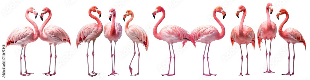 Set of gracefully standing elegant pink flamingos, cut out