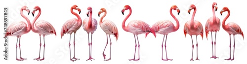 Set of gracefully standing elegant pink flamingos, cut out