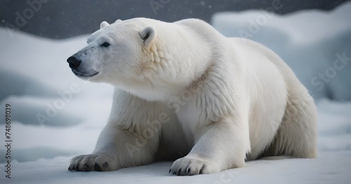 Poised and calm, a polar bear sits on a snowy expanse, with the subtle twinkle of snowflakes around it. Its thick fur provides stark contrast to the blue-tinged ice. AI generation