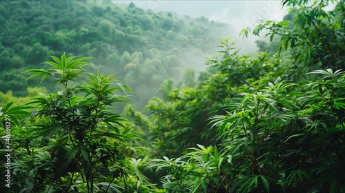 Natural Cannabis Bushes Thriving Amongst Verdant Greenery in the Wild © Somvang
