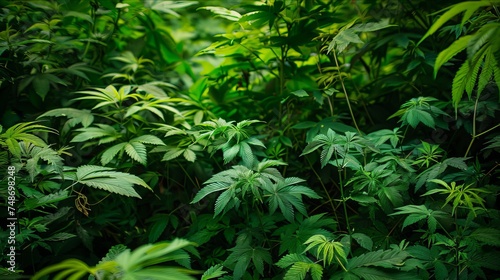 Natural Cannabis Bushes Thriving Amongst Verdant Greenery in the Wild