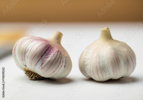 Fresh garlic on a white table
