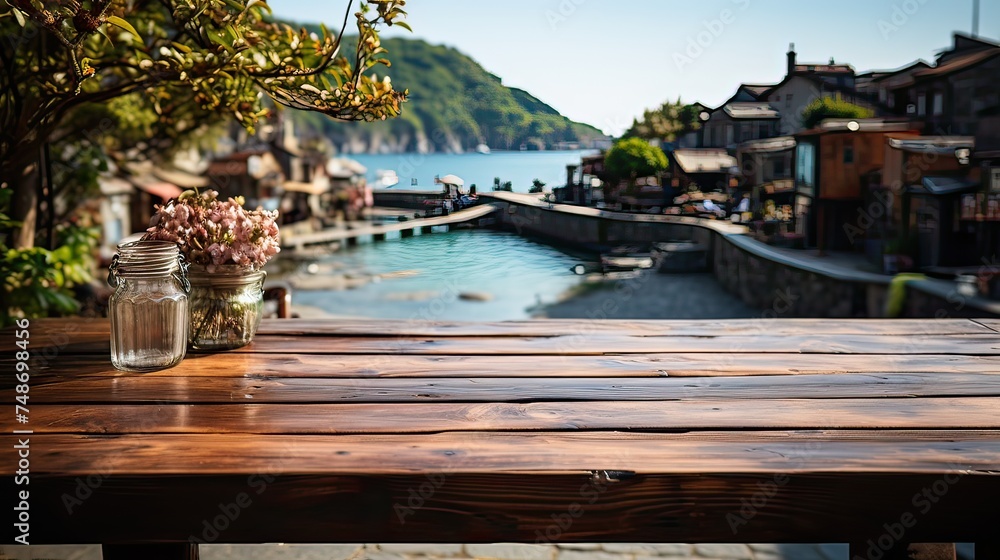 A wooden table against the backdrop of a resort town.
