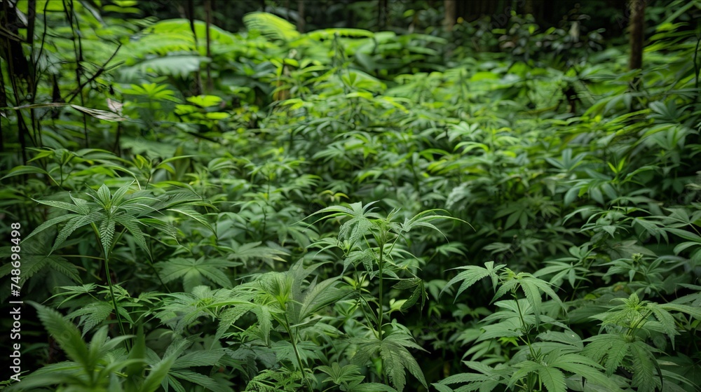 Natural Cannabis Bushes Thriving Amongst Verdant Greenery in the Wild Natural Cannabis Bushes Thriving Amongst Verdant Greenery in the Wild