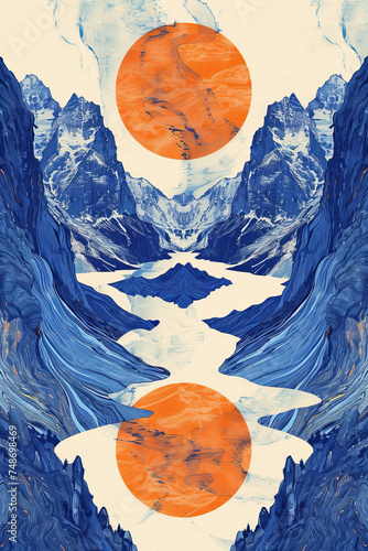 Mountainous vistas, in the style of psychological phenomena illustrations, orange and blue. photo