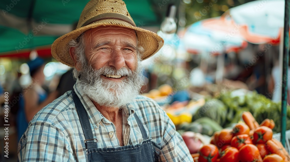 portrait of happy old handsome farmer managing street vendor food stand with fresh natural agricultural products grey hair beard looking at camera charmingly smiling
