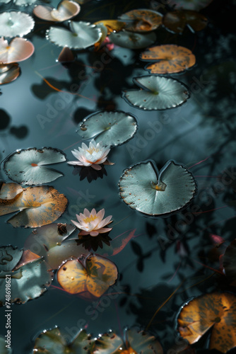 The lily pads are floating in the water.