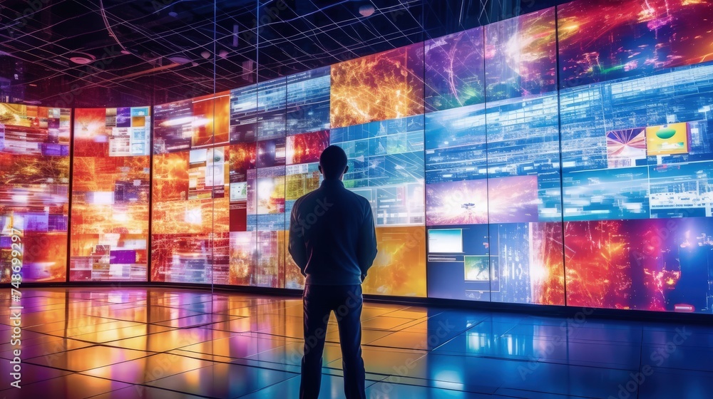 Television. A person watching a multimedia video wall. Television. A person watching a multimedia video wall.