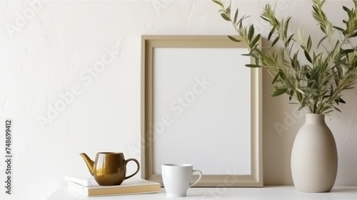An empty photo frame and a vase are on the table.