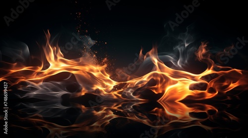 Abstract flames of fire and burning smoke on black background, ideal for product display