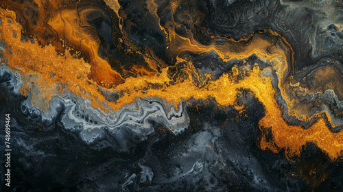 Mmersive abstract movement experience visual, brilliant molten gold and matt black lava flow.