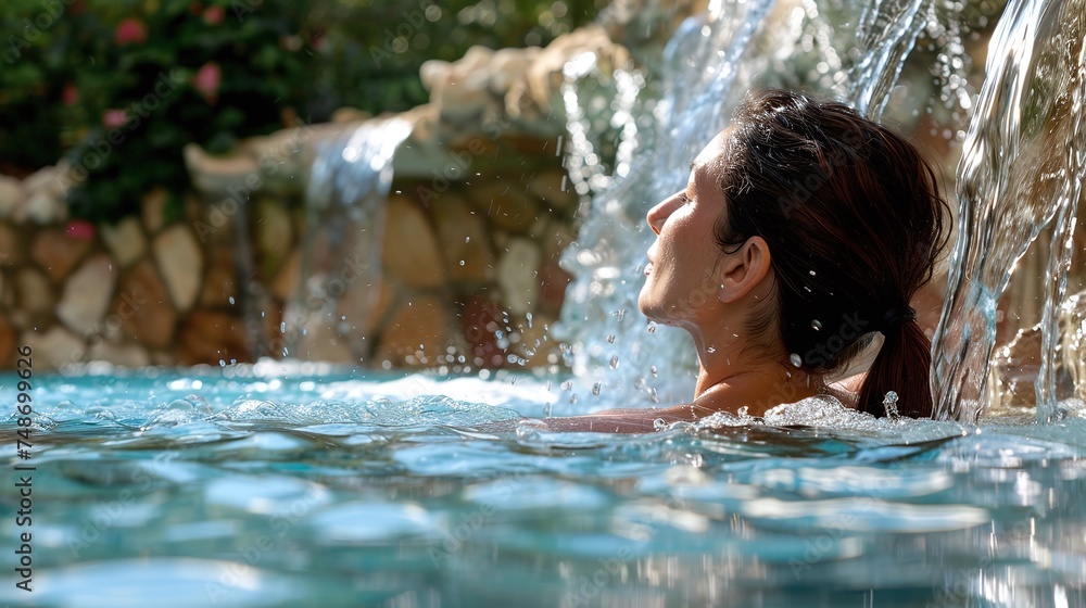 Fototapeta premium ultimate relaxation at luxury spa resort, girl enjoying serene pool with gentle splashes, immersed in nature's beauty and tranquility
