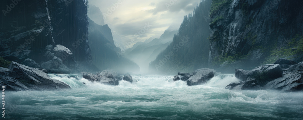 Wild river flowing through the amazing  valley, beautiful landscape