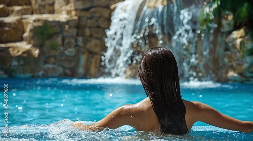 tranquil spa resort getaway, serene girl enjoying gentle splashes in swimming pool, surrounded by nature's beauty and relaxation