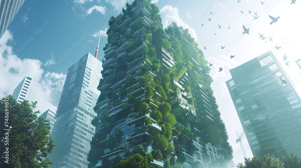 net zero emissions eco building with vertical garden in modern city promoting sustainable urban development