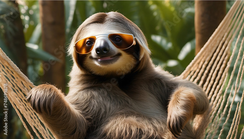 A giggling sloth wearing oversized glasses  lounging on a hammock