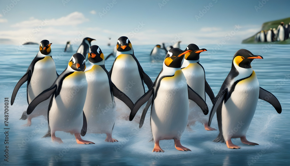 Fototapeta premium A group of comical penguins engaging in a synchronized swimming competition