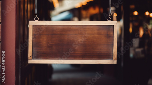 A blank wooden sign hangs at the entrance of a coffee shop photo