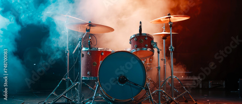 Professional drum set on concert stage with illuminating, spotlights, smoke effect. Music live session. Musician performance background. Poster illustration, banner, flyer. Generative ai