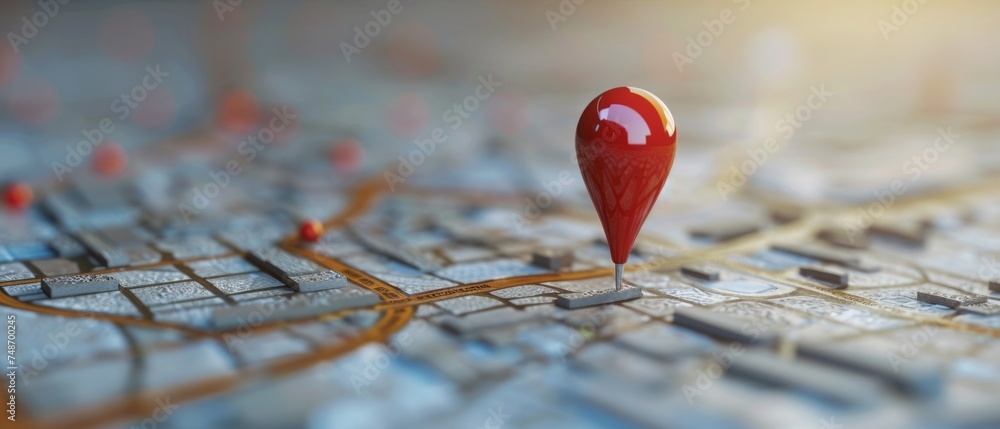 3D pin icon indicating important place on the map, pin indicating location, place on the map. Ultra wide screen wallpaper. - obrazy, fototapety, plakaty 