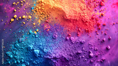 Vibrant colorful piles of yellow and blue pigment powders gather on the purple floor. Suitable for Holi festival presentations or banner design.