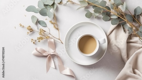 An empty greeting card scene, a cup of tea on the table with decorations.