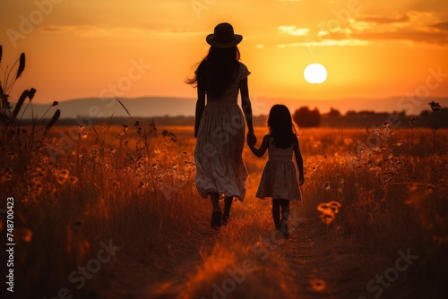 Boy with disability in wheelchair, supported by mom at sunset, child with disabilities assistance