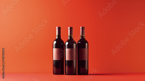 Three bottles of wine against a red background.
