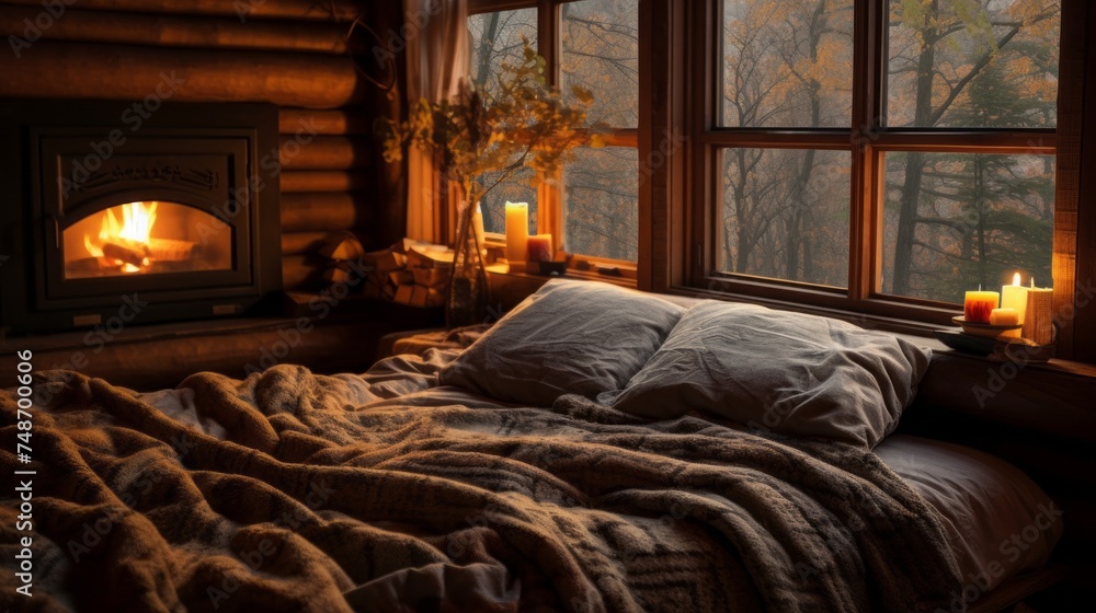 A cozy warm Bed with a blanket and pillows by the window in a log cabin in the Woods. Rustic bedroom interior with fireplace. Horizontal Banner with Copy Space, Nature, Travel, Lifestyle, Summer. A cozy warm Bed with a blanket and pillows by the window in a log cabin in the Woods. Rustic bedroom interior with fireplace. Horizontal Banner with Copy Space, Nature, Travel, Lifestyle, Summer.